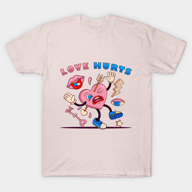 Love hurt, heart hit by an arrow with key elements, lightning, eyes and mouth in retro cartoon style T-Shirt by Vyndesign